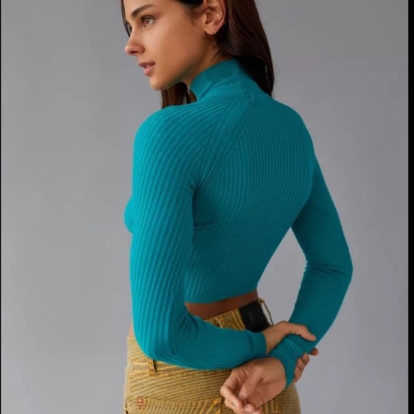 NWT Urban Outfitters Aria Ribbed Cutout Turtleneck Sweater in Teal - Picture 3 of 7